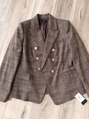 NWT Tahari ASL Plaid Double Breasted Blazer Size 12 Gold Button Jacket